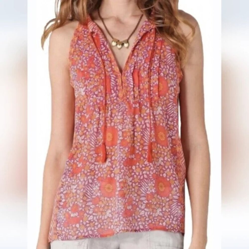 Joie Orange Purple Floral Silk Chiffon Sleeveless Tassel Tie Top Womens XS